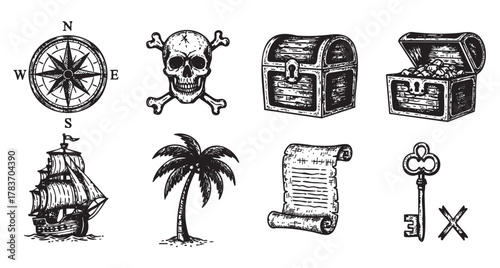 Vintage-style pirate-themed icons featuring a compass, skull and crossbones, two treasure chests, sailing ship, palm tree, aged scroll, and an antique key.