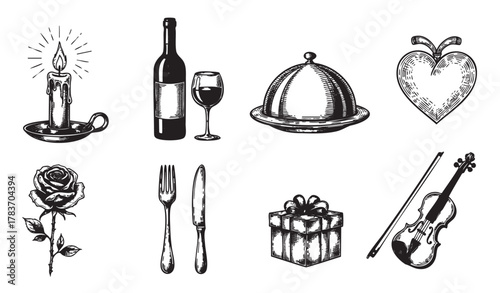 Hand-drawn set of vintage elements including a candle, wine bottle and glass, covered dish, heart, rose, cutlery, gift box, and violin with bow.
