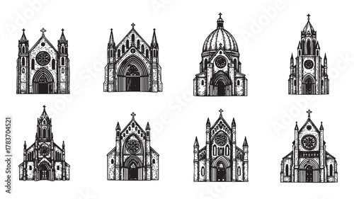 Eight intricately detailed black outline icons of gothic-style cathedrals, each with unique architectural features, including pointed arches and ornate facades.