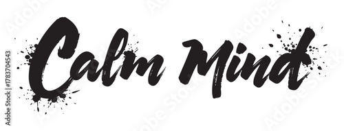 Bold black brushstroke calligraphy spelling "calm mind" with artistic ink splatters accentuating the letters.