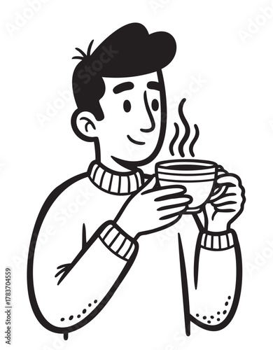 Black and white illustration of a young caucasian male enjoying a hot beverage in a cup, depicted with simple, clean lines.
