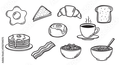 Black outline drawings of breakfast items including a fried egg, sandwich, croissant, toast, pancakes, bacon, cinnamon roll, steaming coffee, and two cereal bowls.