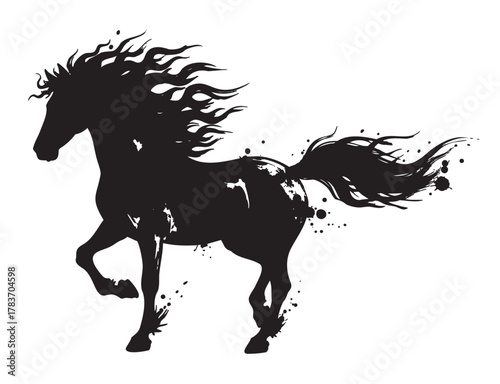Black silhouette of a galloping horse with an intricate flowing mane and tail, symbolizing strength and freedom.