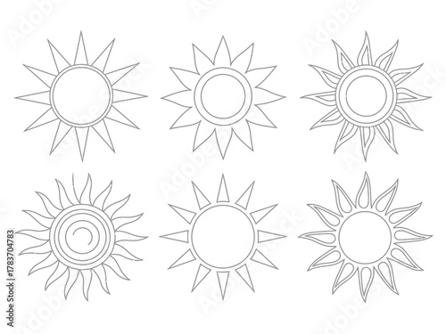 A striking collection of six hand-drawn sun illustrations with varying designs, perfect for artistic projects that require a touch of sunshine and creativity.