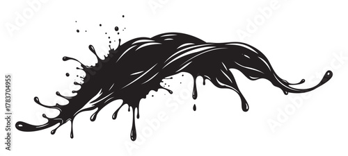 Black splash of paint with scattered droplets and dynamic curves, resembling a wave on a plain white background.