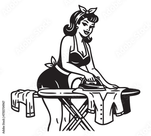 A retro-styled illustration of a caucasian female adult wearing a vintage outfit while ironing clothes on a board.