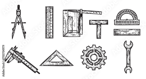 Hand-drawn sketch of various measuring tools, including a compass, ruler, square, protractor, caliper, triangle, gear, and wrench.