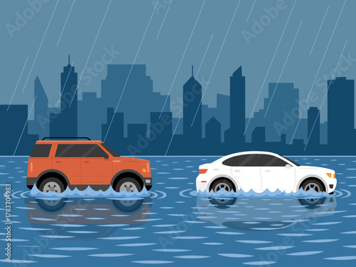 An illustration depicting two cars caught in a flooded cityscape, highlighting the impact of environmental changes and urban flooding on transportation.
