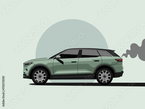This illustration presents a green SUV with visible exhaust smoke, highlighting issues related to environmental impact and modern vehicle design.