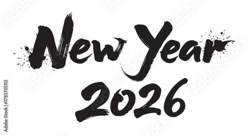 Bold brushstroke lettering of 'new year 2026' with artistic splatter accents, conveying a dynamic and celebratory theme.