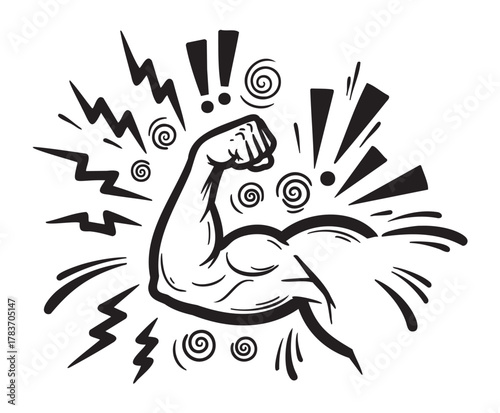 Black and white illustration of a muscular flexed arm surrounded by dynamic action lines and exclamation marks to convey strength and energy.