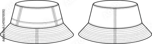 Bucket hat illustration, fashion accessory sketch, technical flat drawing, brim stitching detail, crown seam design, apparel construction, stylish headwear artwork