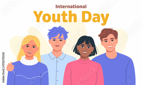 A group of diverse young individuals smiles at the camera in celebration of International Youth Day, representing unity, diversity, and empowerment of the youth around the world.