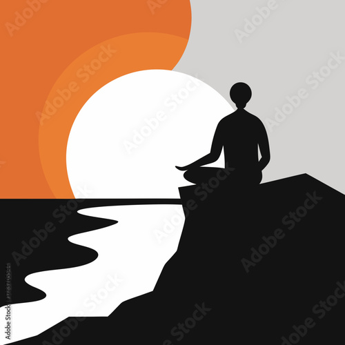 Silhouette of a person meditating on a cliff overlooking the ocean at sunset isolated on white background isolated on transparent background