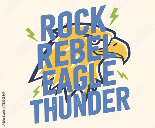 Rock Power Thunder Eagle Badge. Vintage Eagle Mascot Emblem. Retro Textured Raptor Logo. Distressed Rock Music Print. Heraldic Shield with Lightning
