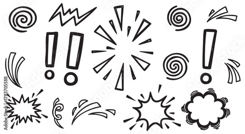 Collection of black outline decorative comic style symbols including exclamation marks, swirls, and explosive bursts arranged on a white background.