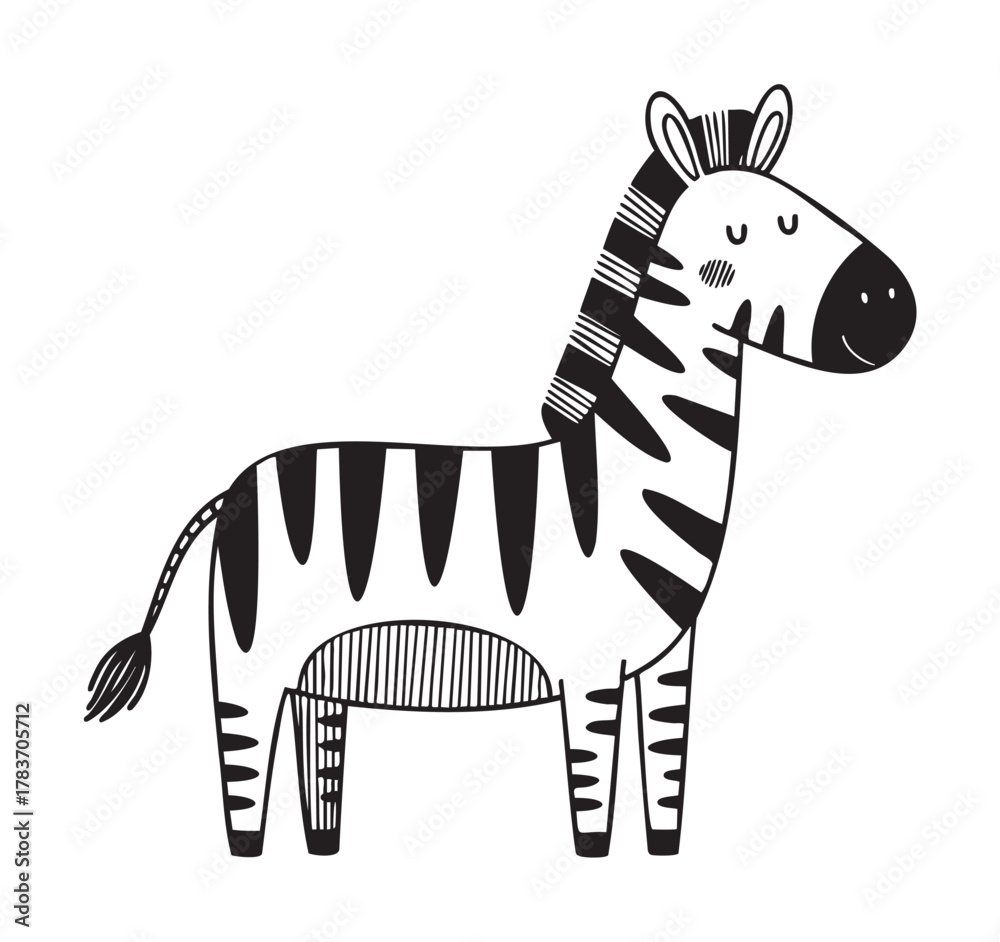 Fototapeta premium Cartoon zebra illustration in a simplistic black and white style with closed eyes and distinctive striped patterns.