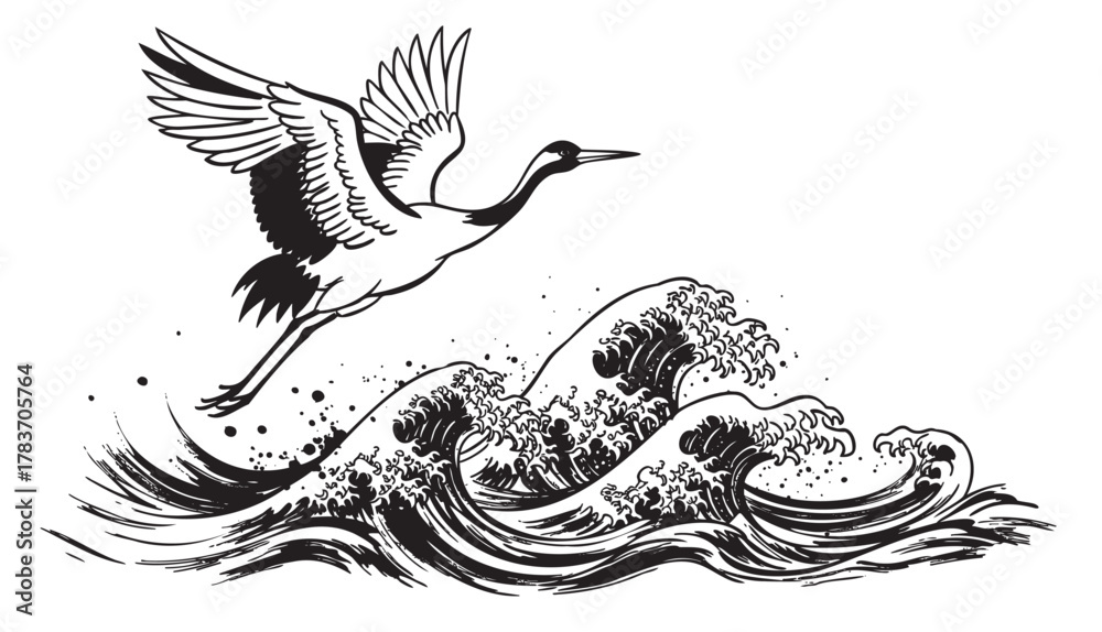 Obraz premium Black and white illustration of a crane flying over turbulent ocean waves, capturing the bird's grace and the sea's power.