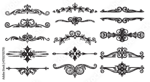 A collection of ornamental design elements featuring intricate floral and geometric patterns arranged in horizontal alignments.