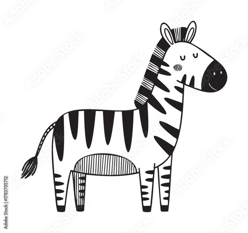 Cartoon zebra illustration in a simplistic black and white style with closed eyes and distinctive striped patterns.