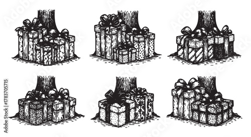 Black and white sketch of six gift boxes with bows, placed under a tree, showcasing different sizes and decorative patterns.