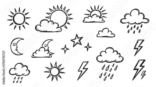 Hand-drawn black outline sketches of various weather elements including the sun, clouds, raindrops, stars, and lightning bolts.
