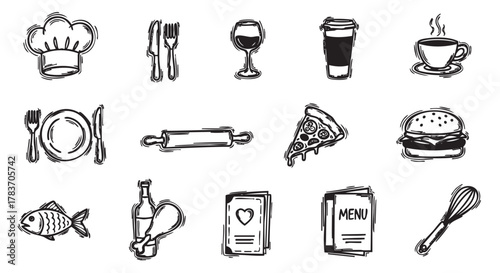 Black outline icons of culinary items, including a chef's hat, cutlery, beverages, dishes, a menu, a whisk, and food items like pizza, seafood, and burgers.