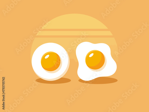 Two fried eggs sit against a soft orange background, highlighting their sunny yolks and evoking feelings of warmth, breakfast, and cheerfulness in a minimalist style.