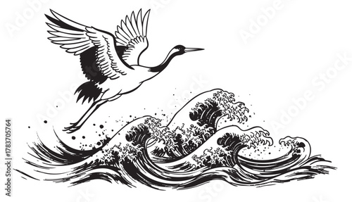 Black and white illustration of a crane flying over turbulent ocean waves, capturing the bird's grace and the sea's power.