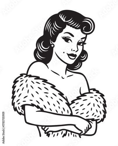 Black and white retro-style illustration of a young caucasian female with vintage hairstyle, wearing an elegant fur shawl, exuding classic glamour.