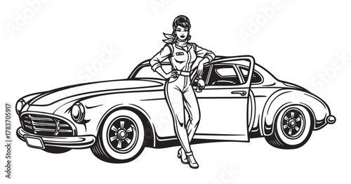 Retro-style illustration of a female with vintage fashion standing beside a classic car.
