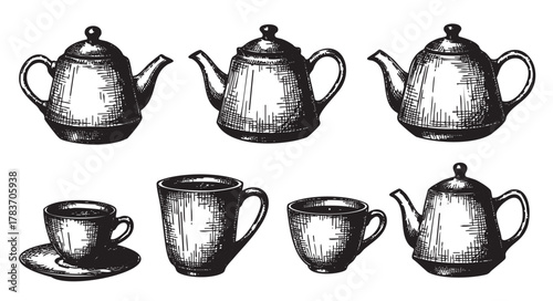 Black and white sketch of various teapots and teacups in vintage style, showcasing a diverse collection of tea serving ware in intricate detail.