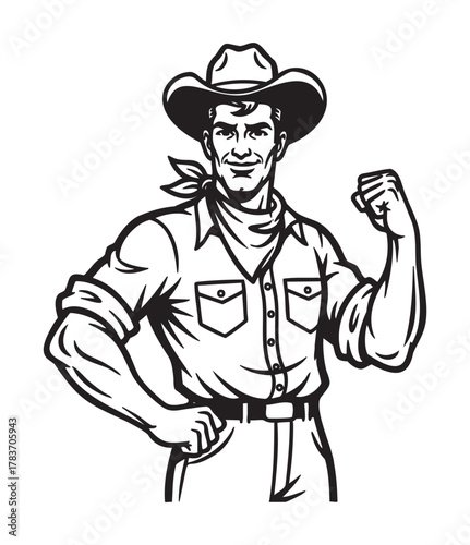 Black and white illustration of a confident young caucasian male cowboy flexing his arm, wearing a cowboy hat and a bandana around his neck.