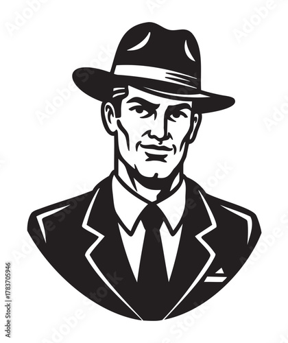Black and white illustration of a mature caucasian male wearing a suit and fedora, exuding a classic and vintage style.