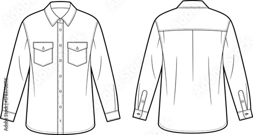 Cad drawing flat vector illustration, black and white shirt sketch, button-up design, fashion garment outline, front back view