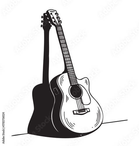 Black and white drawing of an acoustic guitar with intricate line details, casting a bold shadow on a flat surface.