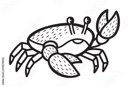 Black outline drawing of a crab with detailed pincers and patterned shell, showcasing marine life in a simple design.