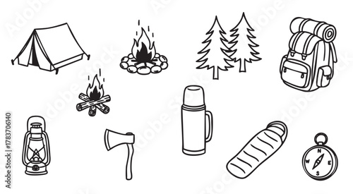Black and white outline icons of camping gear including a tent, campfire, pine trees, backpack, lantern, axe, thermos, sleeping bag, and compass.