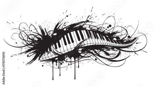 Abstract black and white illustration of a piano keyboard enveloped in splatters and swirls, evoking a sense of dynamic musical creativity.