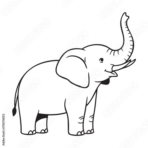 Black outline vector of a cheerful cartoon elephant with an uplifted trunk, showcasing a playful and friendly demeanor.
