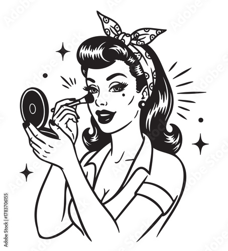 Retro-style illustration of a young caucasian woman applying makeup with a handheld mirror, wearing a bandana and styled hair.