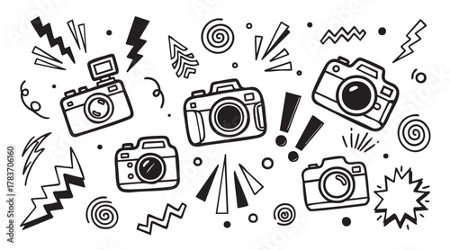 Black and white doodle-style illustration featuring various cartoon cameras surrounded by dynamic geometric and abstract shapes.