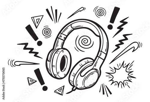 Black outline drawing of over-ear headphones surrounded by dynamic abstract symbols, including exclamation points, spirals, and geometric shapes.