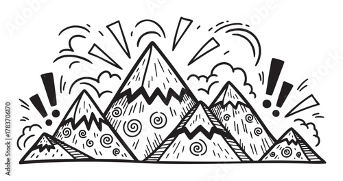 Black and white hand-drawn illustration of stylized mountains with patterns, surrounded by whimsical decorative elements.