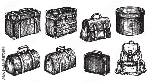Black and white vintage engraving style illustration of various travel luggage, including trunks, backpacks, and bags in detailed designs.