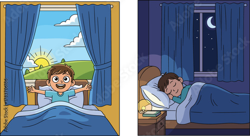 Child daily routine, morning wake up, night bedtime, day and night cycle, kids lifestyle, healthy habits, sleep schedule, education, illustration, activity