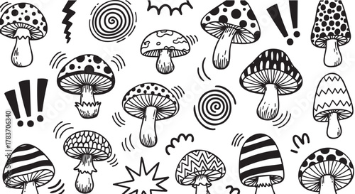 Black and white hand-drawn doodles of various mushrooms with abstract patterns and whimsical shapes across the image.
