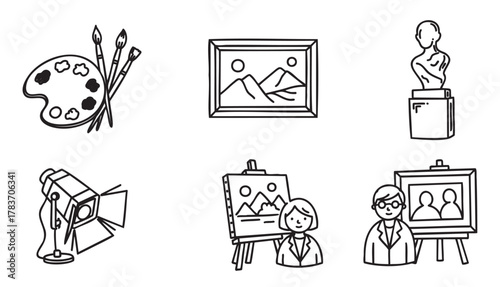 Black outline icons depicting various art elements including a paint palette with brushes, framed landscape painting, sculpture, art lamp, artist at easel, and framed portrait.