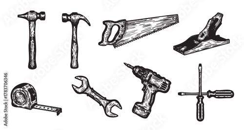 Black and white sketch of various hand tools including a hammer, saw, drill, measuring tape, wrench, and screwdriver.