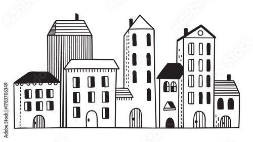 Black and white sketch of various tall and short buildings, featuring windows, doors, and unique architectural details.